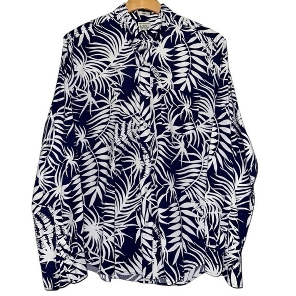 J. Crew Men’s Size M Navy Blue White Leaf Hawaiian Print Button Down Shirt